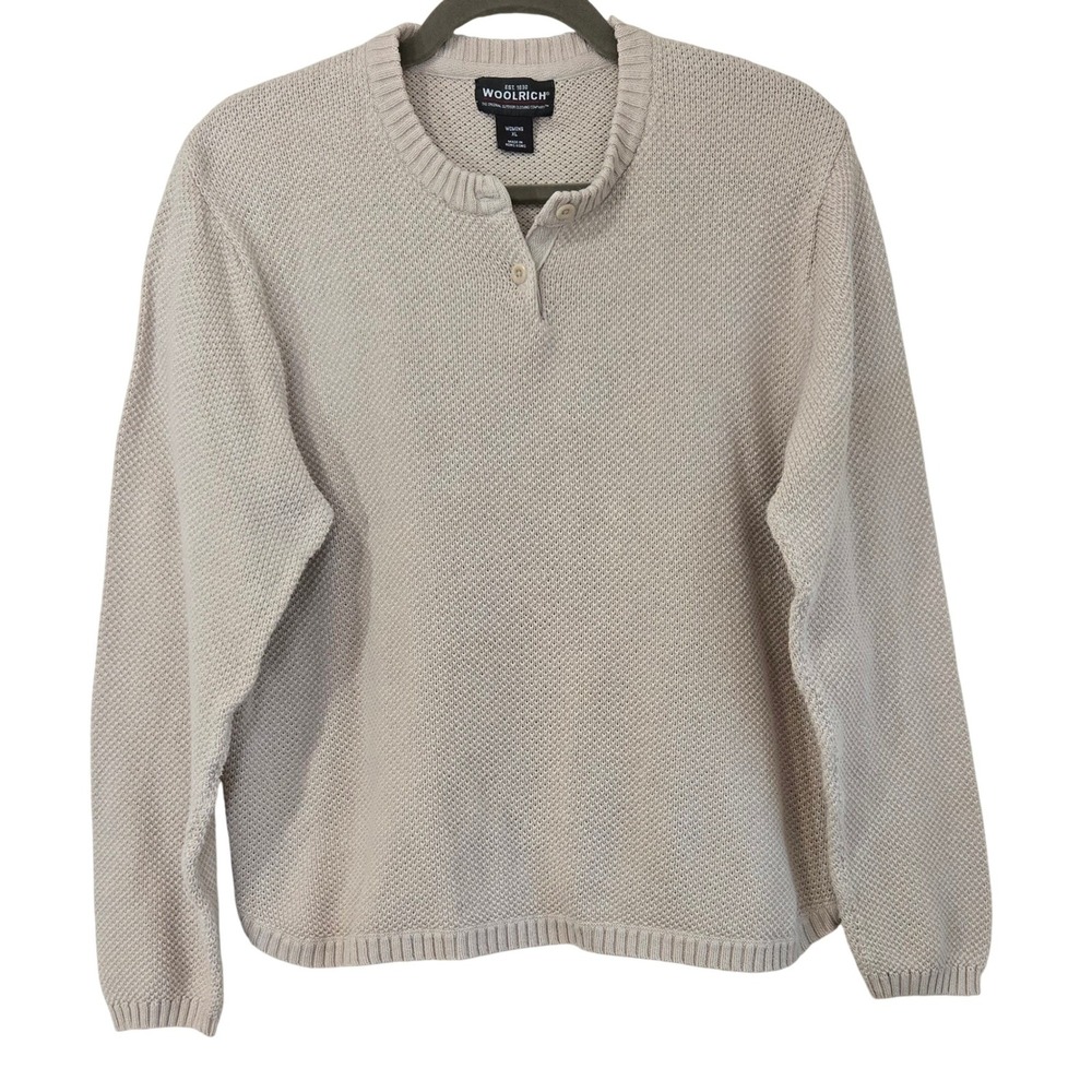 Vintage Woolrich Womens XL Stone Beige Ramie Cotton Waffle Knit Henley Sweater